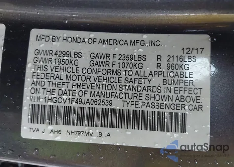 2018 Honda Accord Ex from USA, damaged, VIN 1HGCV1F49JA062539